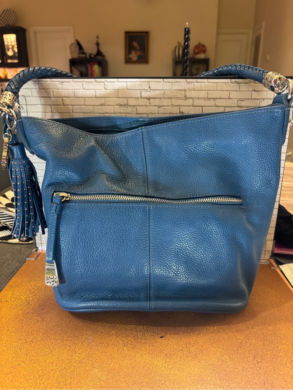 Brighton Blue Pebble Leather Shoulder Bag with Tassel